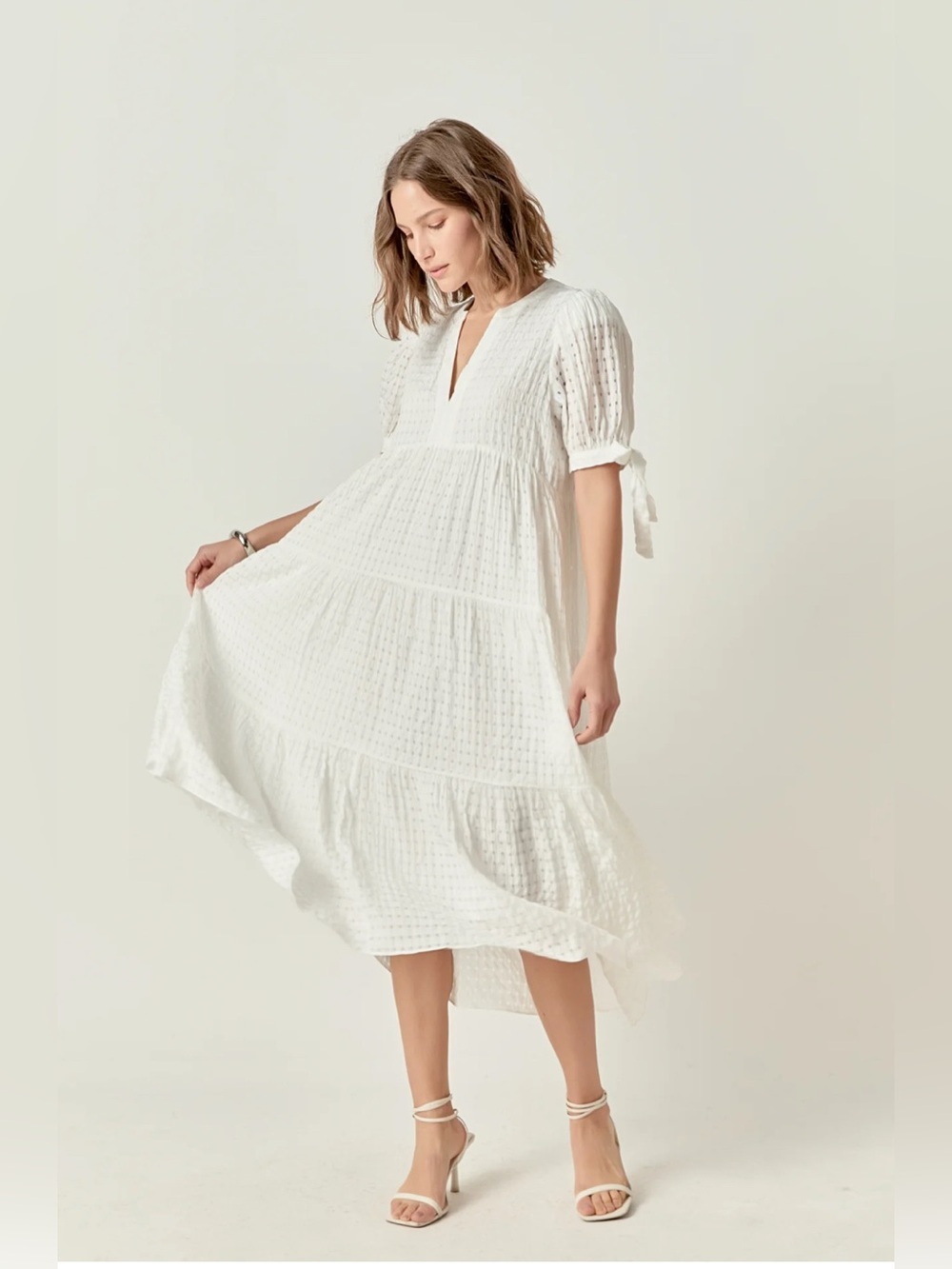 English Factory Gingham Tiered Midi Dress Puff Bow TieSleeves VNeckHN657D Medium - Picture 15 of 15